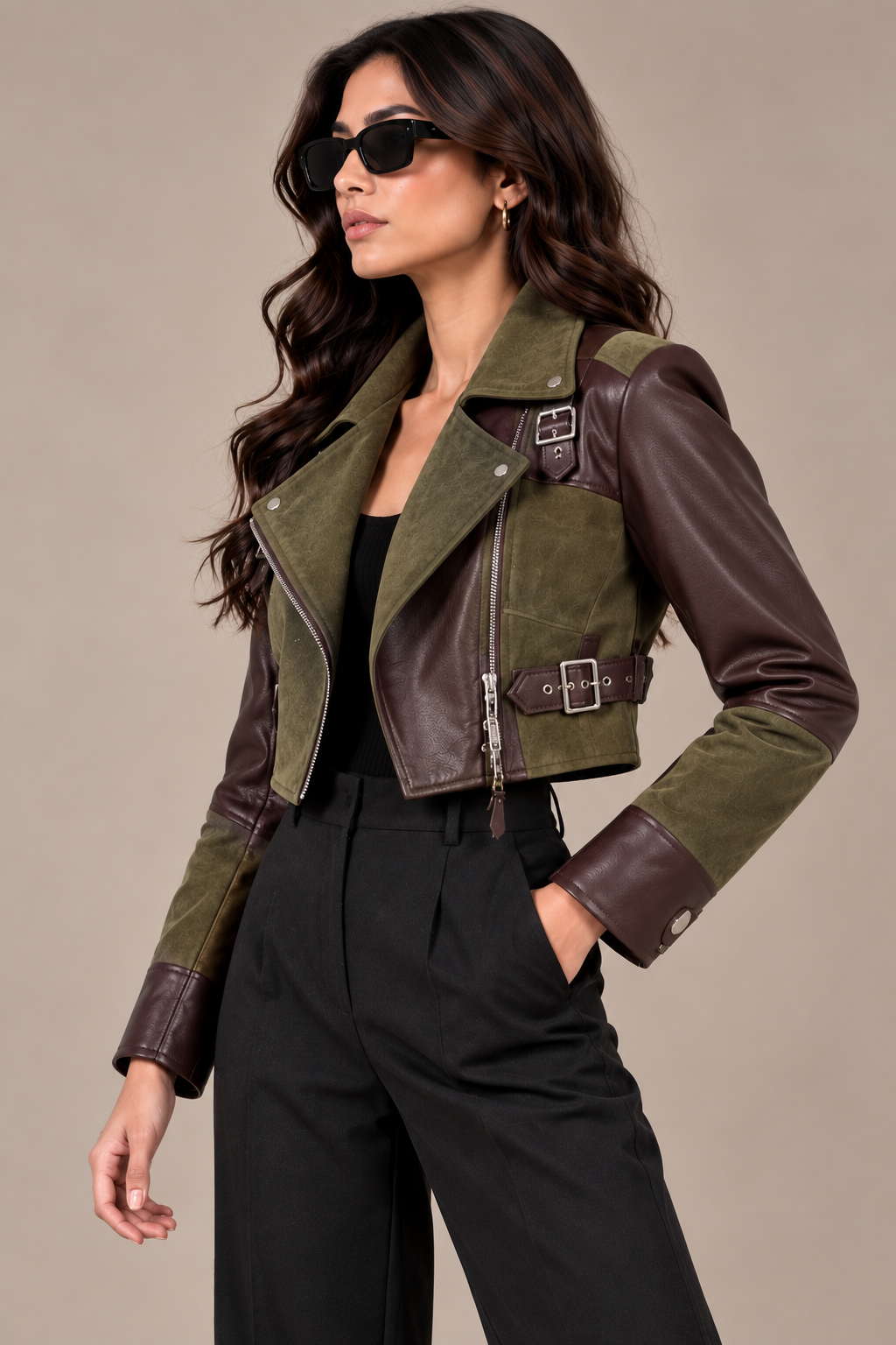 Faminside Olive & Chocolate Suede-Textured PU Cropped Jacket