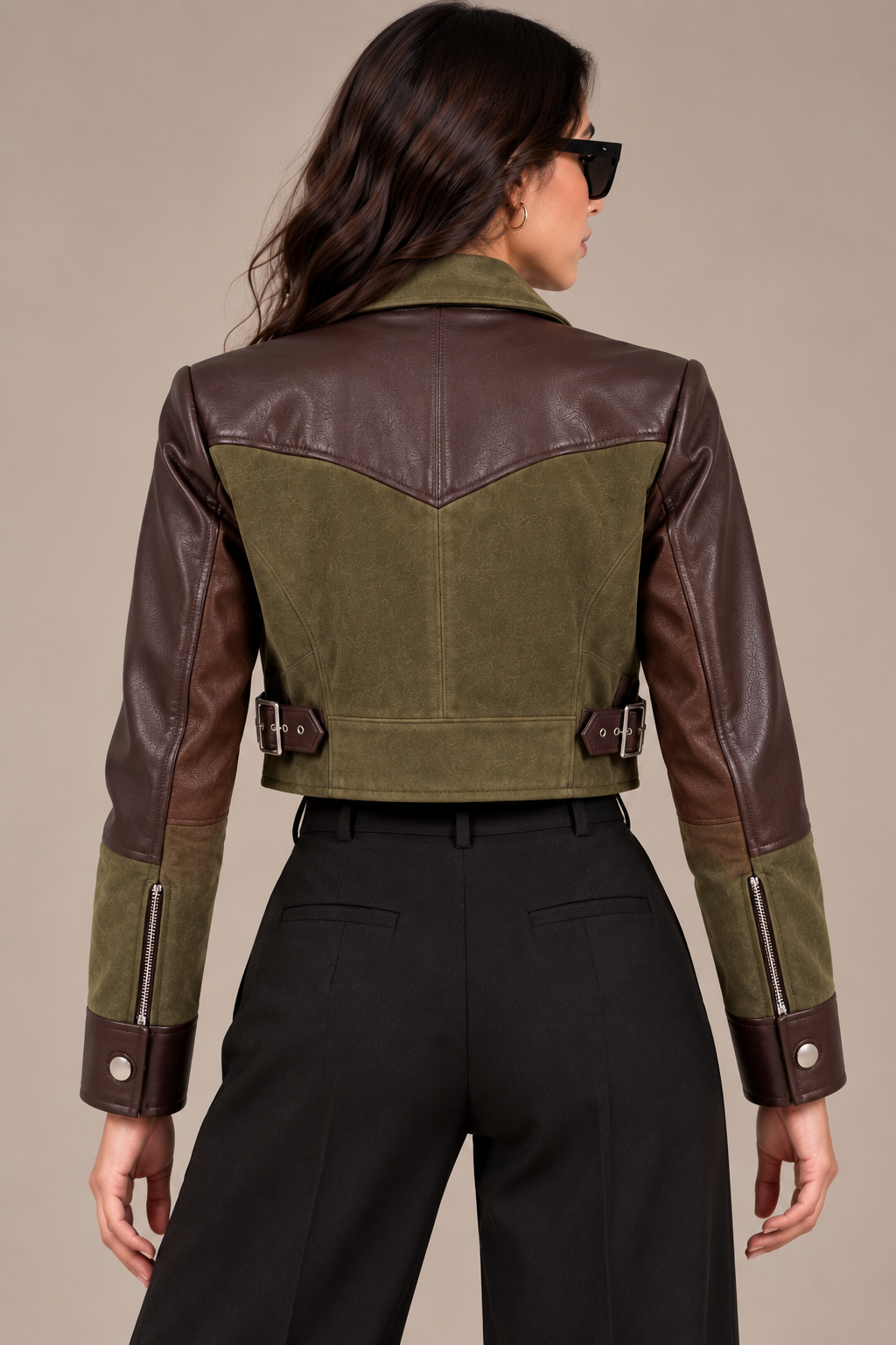 Faminside Olive & Chocolate Suede-Textured PU Cropped Jacket
